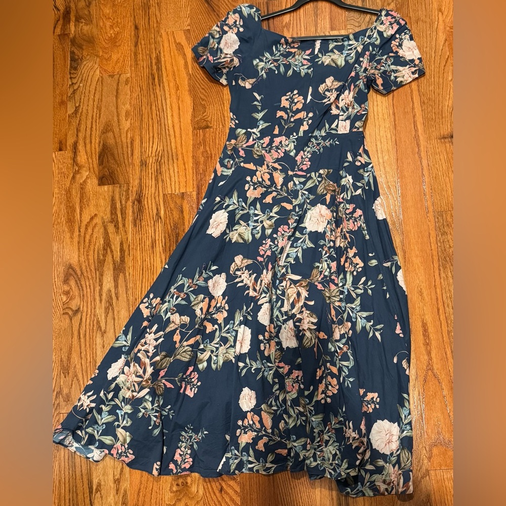 Cara Cara Bellport Blue Midi Floral Dress Fit & Flare Sweetheart Neck Designer - Picture 4 of 10